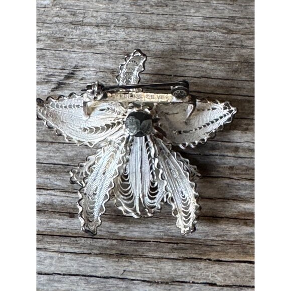 Vintage Sterling Silver Filigree Flower Brooch With Faux Pearls - Picture 3 of 6